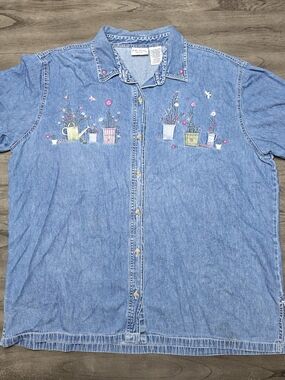 Bobbie Brooks Blue Denim Button-Down Shirt with Floral  Embroidery